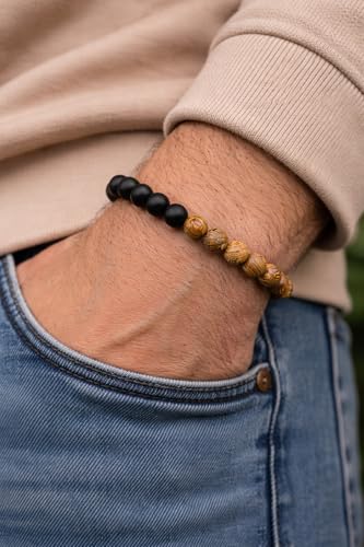 Image of Men's Beaded Bracelet | Matte Black & Natural Wooden Beads | Stretchable Elastic Wrist Band | Stylish Couple Bracelet | Daily Wear Fashion Jewelry for Men & Women