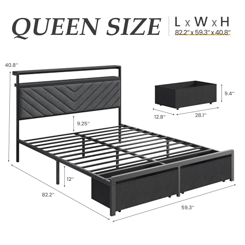 Queen-Bed-Frame-with-2-Drawers-Upholstered-Headboard-with-Storage-and-Charging-Station-LED-Lights-Fabric-Drawers-with-Wheels-Under-Bed-Storage-No-Box-Spring-Needed-Easy-Assembly-Grey