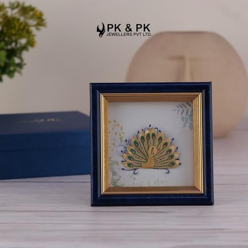 Image of Pk & Pk Jewellers Dancing Peacock with Blue Tabletop | 24KT Gold Square Frame | Extra Small Size [14x14 cm] (For Premium Luxury Gift, Home Decor, Table Decoration)