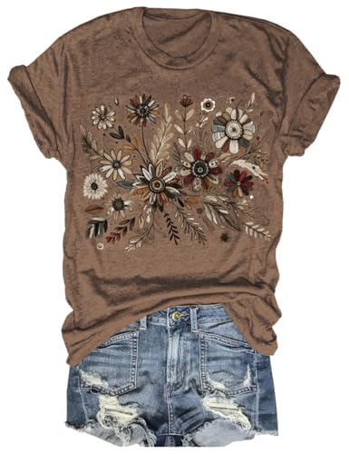 Women's Vintage Floral T Shirt Boho Wildflower Graphic Loose Tees Short Sleeve Casual Abstract Flower Tops - Main Image
