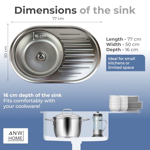 Fregadero de cocina de acero inoxidable de 57 x 45 cm con escurridor y sifón de montaje superior, lavabo redondo pequeño satinado, ideal para cocinas modernas y soluts que ahorran espacio