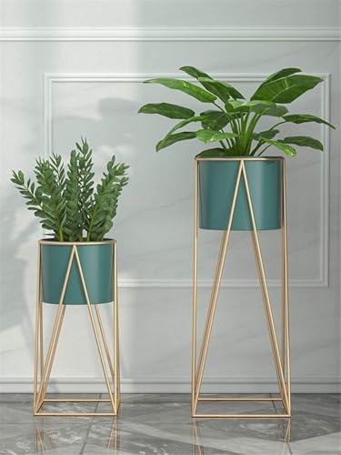Image of Brass Industry Iron Metal Indoor Out Door Bedroom Home Office Planter Pot Tall Stand with Planter for Living Room, Balcony Flower Pot Stand Set of 2 (Green)