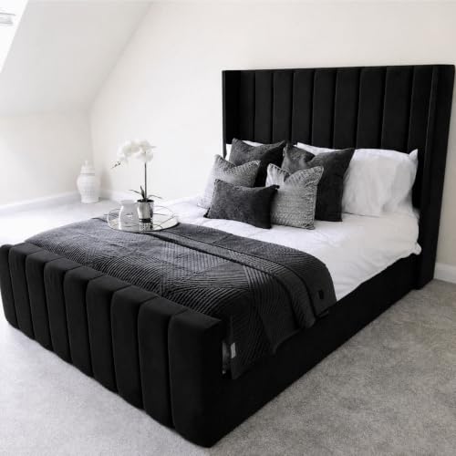 Image of BedCroft Chesterfield Luxury Chicago Plush Velvet Bed Frame - Mattress and Gas Lift Options - Handmade in the UK (Black Plush, Double 4ft6 Bed Frame)
