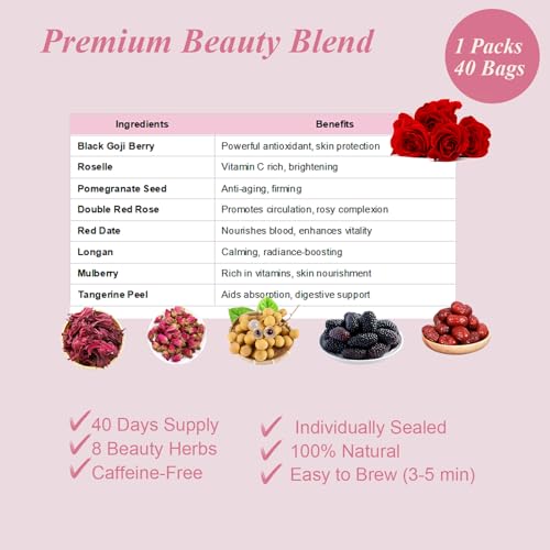 Deeocem Ruby Radiance Beauty Tea Bags - Rose Hibiscus Goji Berry Herbal Tea for Skin Glow, 40 Count Caffeine Free, Antio - Additional View