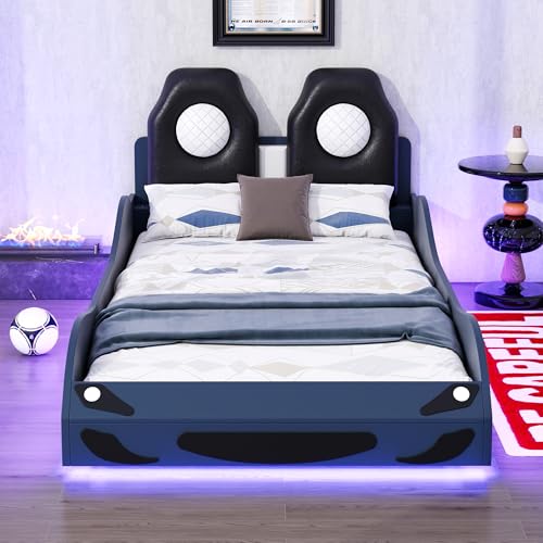 SOFTSEA Modern Twin Size Race Car Bed Frame with LED Lights for Kids, Upholstered Car Platform Bed with Wheels and Wood Slat Support, No Box Spring Needed, Blue