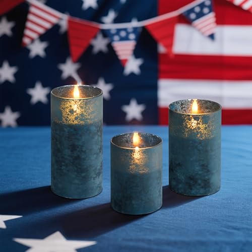 Image of Blue Flameless Candles With Remote LED Battery Operated Pillar Candles Set | Sea Salt Glass Design, Realistic Flicker, 10-Key Remote, Timer & Brightness Control for Home, Wedding & Holiday Decor