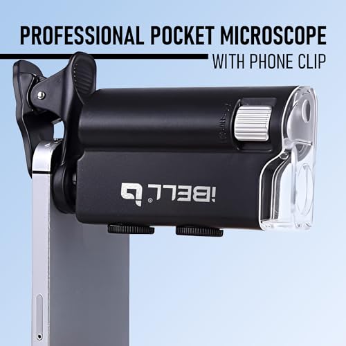 Image of iBELL IBL60-10 Professional Pocket Microscope with Phone Clip, 60X-100X Magnification, Optical Glass Lens, LED Illumination, Portable Handheld Microscope for Inspection and Educational Use