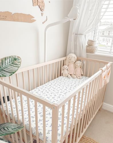 Image of Pack and Play Sheets for Baby Boy and Girl 2 Pack, Neutral Muslin Cotton Pack N Play Mattresses Sheet 27 inchx39 inch, Muslin Nursery Bedding Soft and Breathable Comfort (Bluebell Bloom & Light Blue)