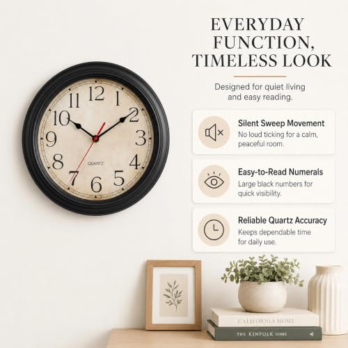 Image of KECYET Wall Clocks Battery Operated Silent Small Vintage for Kitchen | Vintage Wall Clock; Analog Silent non Ticking; Kitchen Living Room Home Office Bathroom Bedroom