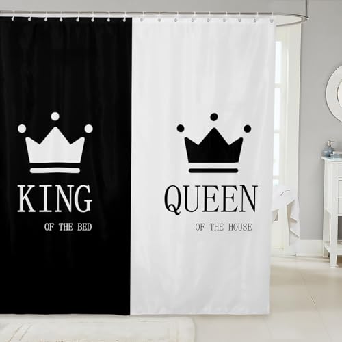 Image of Crown Queen and King Cloth Fabric Bathroom Decor His and Hers Matching Couple Bath Curtain Lover Romantic Valentine's Day Presents Shower Curtain Black and White Shower Curtain with Hooks 72x72 Inch