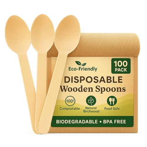 100 x Einweg-Holzlöffel - 16 cm Birkenholz umweltfreundliches Besteck | biologisch abbaubar, plastikfrei, BPA-frei, lebensmittelecht, kompostierbare...