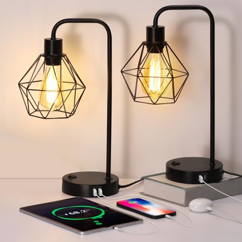 Lot de 2 lampes de table industrielles avec 2 ports USB et prise de courant, lampes de chevet Edison pour chambre à coucher, salon, noir