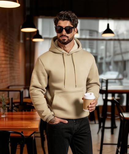 ZITY Mens' Winter Hooded Sweatshirt Sherpa Fleece Lined Hoodies Heavy Warm Thick Athletic Pullover with Kangaroo Pocket Light Brown — view 2