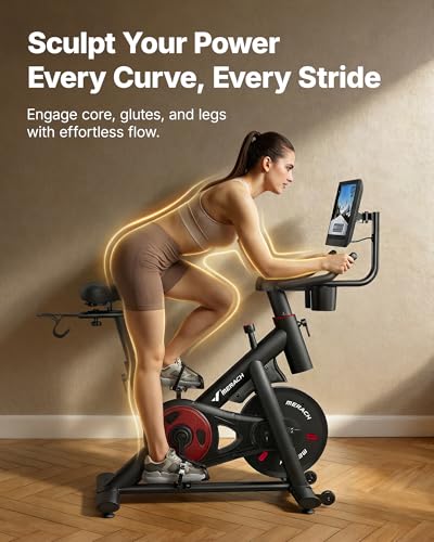 Image of MERACH Exercise Bike, Magnetic Friction Stationary Bike with Brake Pad and Exclusive App, Low Noise Indoor Cycling Bike with 300lbs Weight Capacity, Tablet Mount and Fitness Courses for Weight Loss