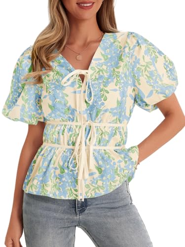 Cicy Bell Womens Puff Sleeve Tie Front Tops Summer Babydoll Peplum V Neck Blouse Casual Dressy Pleated Floral Print Shirts