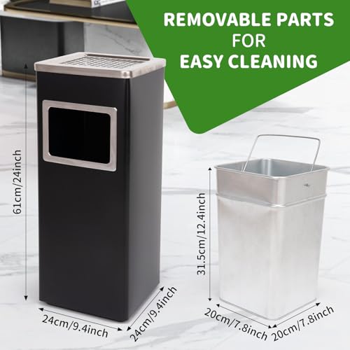 Image of Square Stainless Steel Trash Can With Lid - Outdoor, Removable Inner Bucket for Coffee Shop, Hotel, Corporate Use - Black, 9.45'' x 9.45'' x 24''