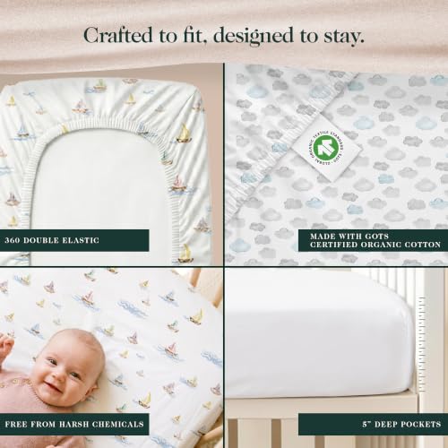 Image of 100% Organic Cotton Mini Crib Sheets (3-Pack) - GOTS Certified, Soft Fitted Sheets for Mini Mattress & Pack n Play, 5 in Deep Pocket with Secure Elastic Fit, Boys & Girls, (27 inch x 39 inch) Watercolors