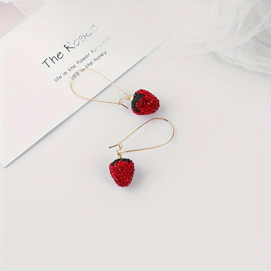 Strawberry Earrings For Women, 14k Gold Plated Long Red CZ Funny Drop Dangle Huggie Cute Hoop Fruit Charm Gift Jewelry (Long Dangle Red) - Image 7