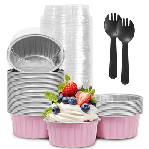 Mother's Day 50Pcs Mini Aluminum Foil Cupcake,5oz Pink Baking Cups with Lid