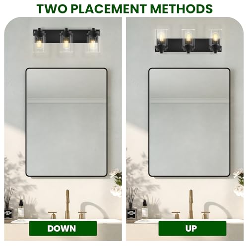 Image of Bathroom Vanity Light, 3-Light Modern Black Vanity Light Fixtures with Clear Glass Shade, 22in Matte Black Bathroom Light Fixtures Over Mirror, Rustic Restroom Lighting Fixtures