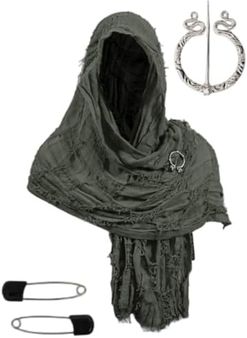 Hooded Shawl, Vintage Frayed Edge Medieval Scarf with Adjustable Brooch, Cloak Cape for Renaissance Fair & Casual Wear, Dark Green image 3