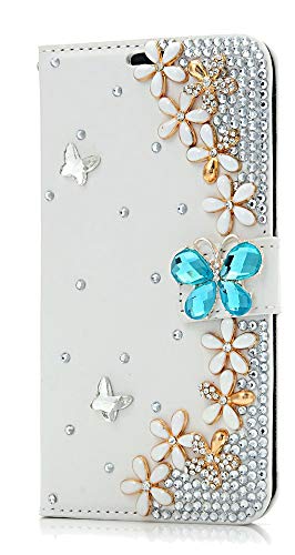 STENES Galaxy Note 3 Case - Stylish - 3D Handmade Bling Crystal Butterfly Flowers Floral Magnetic Wallet Credit Card Slots Fold Stand Leather Cover for Samsung Galaxy Note 3 - Blue