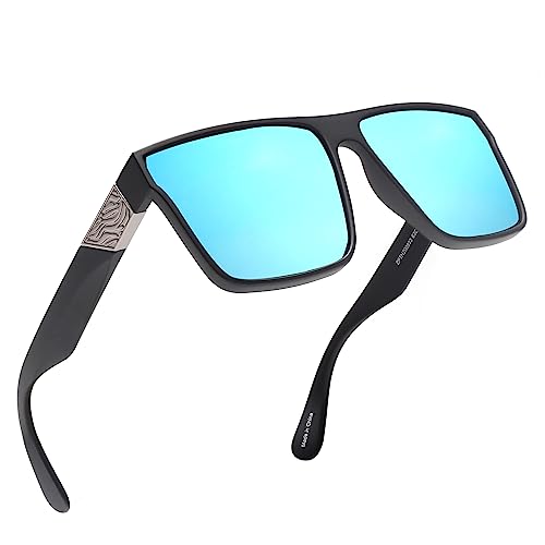 JIM HALO Retro Polarized Sunglasses Men Women Flat Top Square UV400 Glasses for Driving Fishing Hiking Golfing Black Mirror Blue