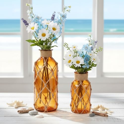 Image of Chuangdi Set of 2 Coastal Glass Flower Vase with Boho Rope, Amber