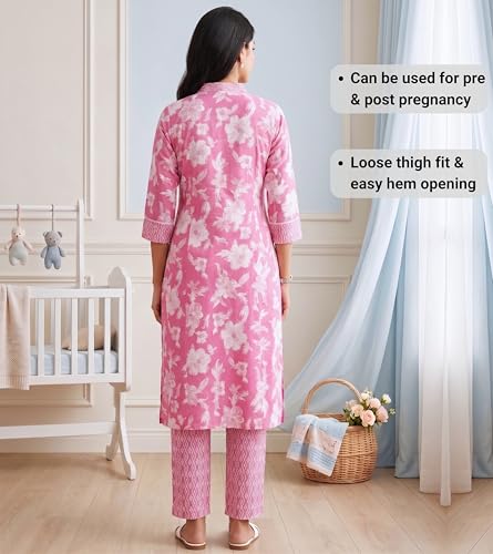 Image of DUMMY SHAPE Feeding Kurtis for Women Cotton Blend | Floral Kurta Pant Dupatta Set with Nursing Zippers to Pre & Post Partum | Maternity Dresses | Mom to Be Gifts for Pregnant Woman