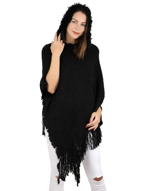 MANRA Ladies' Hooded Cape with Fringed Hem, Crochet Poncho Knitting Patterns for Women (SC 21/BLACK/M)-image-3