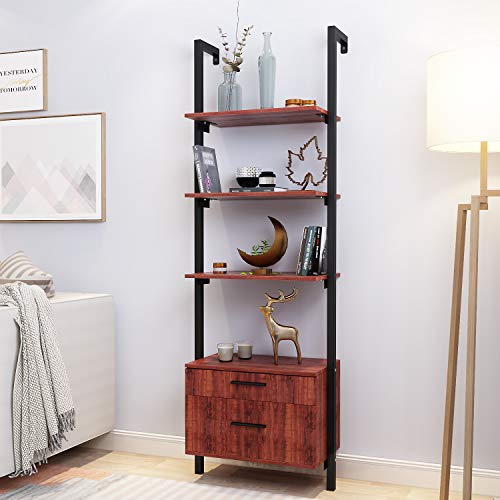 AECOJOY Wall Mounted Industrial 3-Tier Bookshelf with 2 Wood Drawers and Matte Steel Frame Ladder Shelf Bookcase Ideal for Bathroom Home Office Black
