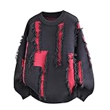 Generisch Jersey para hombre con bloque de color, jersey de invierno texturizado, jersey rasgado Y2K Grunge Sweater Oversize Jersey de punto jersey de lana gótico Streetwear estética punk tops, O