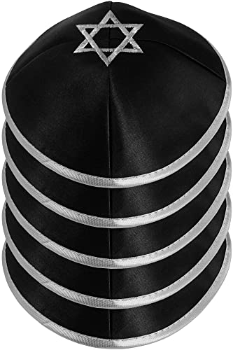 HolYudaica Pack of 5-Pcs Hq 20cm Satin/Velvet Kippah with Silver/Gold String+Star of David for Men & Boys, Yamaka Hat from Israel, Kippot Bulk (Black Silver, Satin)