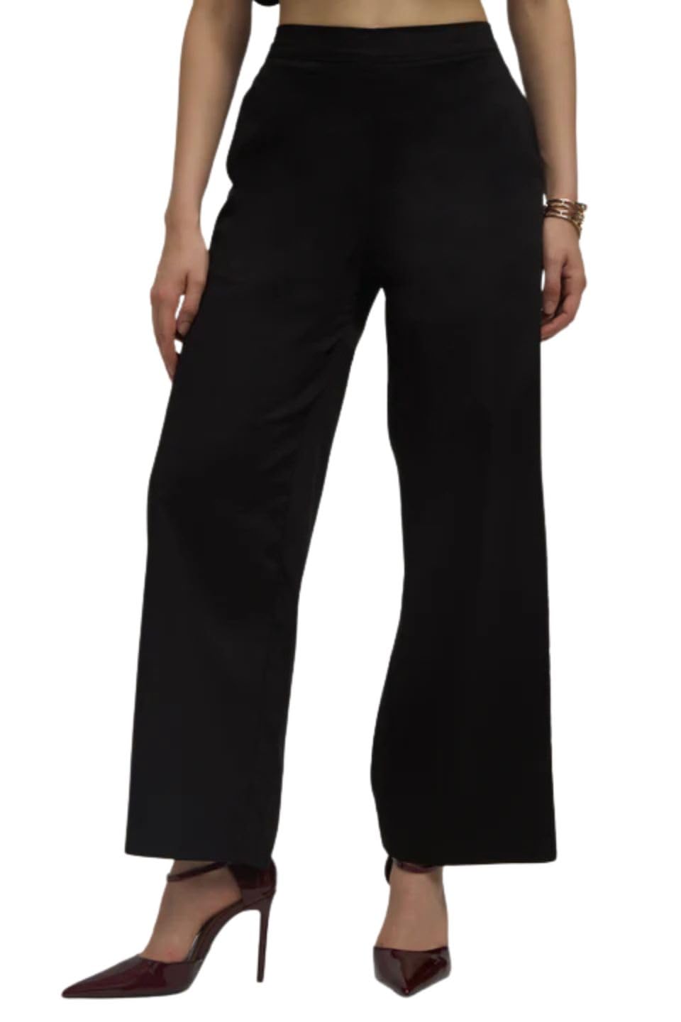 VIRGIO Solid Cotton Black Stretch High Rise Wide Regular Fit Casual Pants for Women