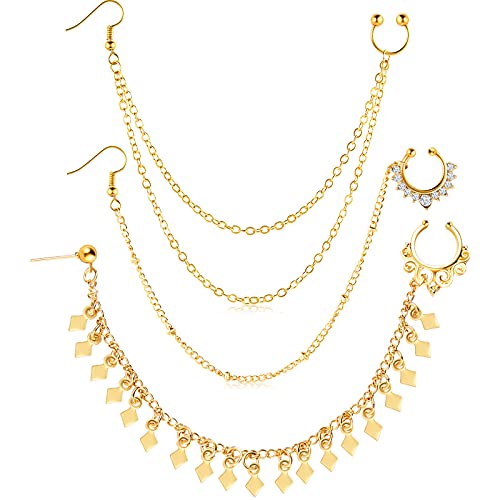 3 Pieces Nose Hoop Chain Rings Double-layer Septum Non Piercing Nose Hoop Ring Dangle Chain Earrings