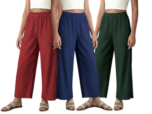Image of Set of Combo Trouser and Pants for Girls and Women's Relaxed Fit Stretchable Regular Fit Palazzos Lightweight Elastic Waistband Bottoms for Daliy Office & Casual Wear