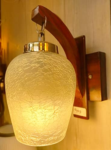 Image of Fosted Blur Glass with Brown Wooden Polished Wall Light for Living Room I Night Lamp for Bed Room (Bulb Not Include)