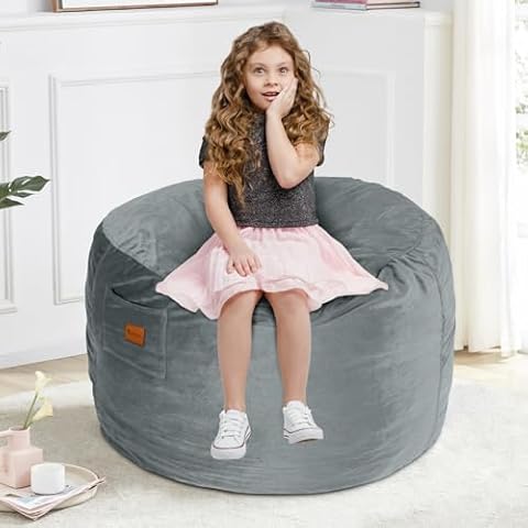 RAINBEAN Bean Bag Chair Cover,(No Filler) Deluxe Velvet Super Soft Lazy Sofa Cover, Plush Toy Organizer,Comfortable Adult Bean Bag Chair Cover with Pocket and Zipper for Bedroom(Grey) Cover