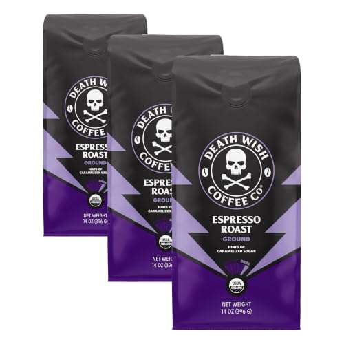 Image of Death Wish Coffee, Organic and Fair Trade Espresso Roast Ground Coffee, 14 ounce (Pack of 3)