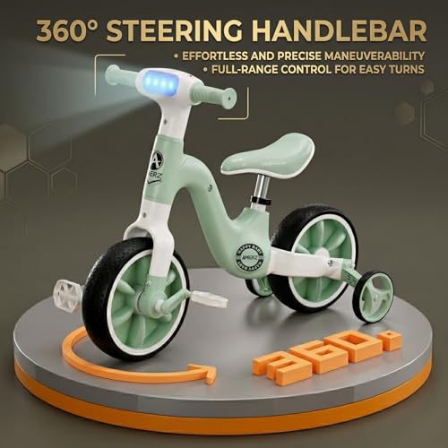 Image of Stardust 3-in-1 Kids Tricycle, Bicycle & Balance Bike for 2-5 Years Boys & Girls | Convertible Toddler Cycle with LED Light, Music & Foldable Training Wheels | Ride-On Toy (Green)