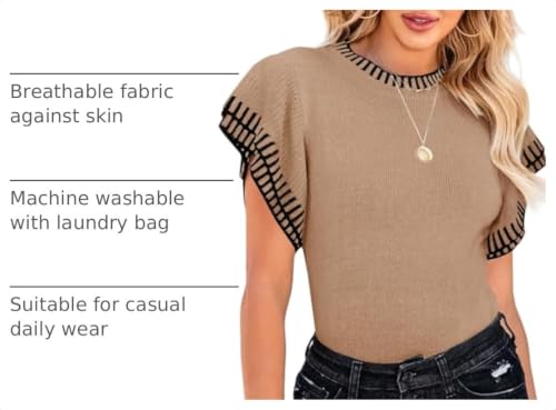 Image of Saodimallsu Womens Short Sleeve Sweater Summer Striped Top Soft Knit Shirts