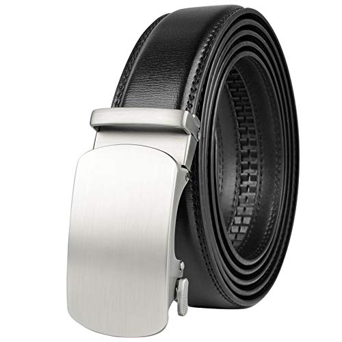 Drizzte Mens Plus Size 52inch Black Leather Belts Dress Belt for Work Silver Ratchet Automatic Buckle up to W44