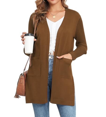 Image of Women's Cardigan Sweaters V-Neck Long Sleeves with Two Pockets Side Split Hem Open Front Knit Casual Cardigan
