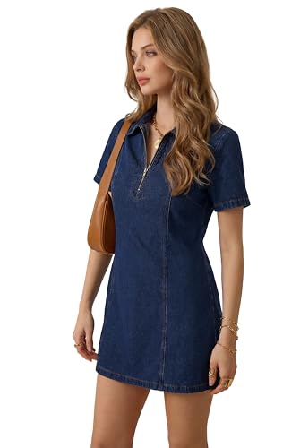 Image of KIFOVEN Women's Collared V Neck Short Sleeve Zipper A Line Casual Mini Denim Dress