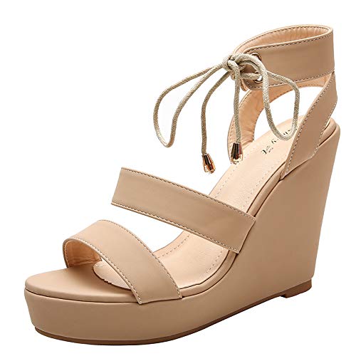 Ashley A Women s (AA-Elisa) Ankle Strap Lace Up Open Toe Platform Wedges Heeled Sandals Nude 9