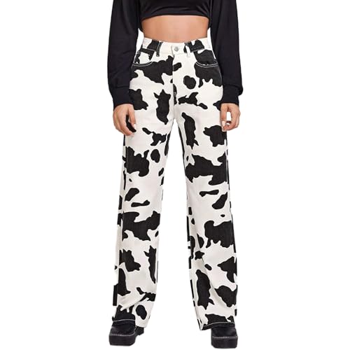 Women Cow Print High Waist Wide Leg Jeans Pants Casual Fashion Y2k Cute Lounge Denim Trousers with Pockets