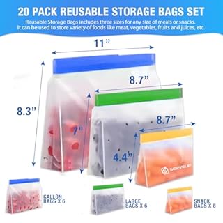 20 Pack Dishwasher Safe Reusable Food Storage Bags – BPA-Free, Leakproof Stand-Up Gallon Freezer Bags – Eco-Friendly PEVE Sandwich & Snack Bags, Plastic Alternative