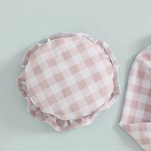 Toddler Baby Girl One Piece Swimsuit Checkered Print Long Sleeve One Piece Rash Guard Ruffle Swimsuit with Hat Set4