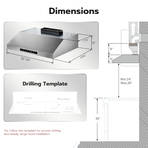 Image of HisoHu 36 Inch Under Ducted Cabinet Range Hood with 1200 CFM, 4 Speed Gesture Sensing Kitchen Exhaust Hood & Touch Control Panel, Stainless Steel Stove Vent Hood with 2 LED Lights