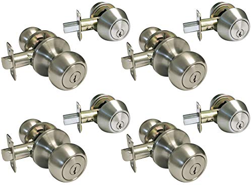 Satin Nickel Entry Entrance Round Knob Handle With Matching Double Cylinder Deadbolt (Keyed On Both Sides) Combo Pack Kwikset Keyway Keyed Alike 5765Dc (4 Set) #TOP6